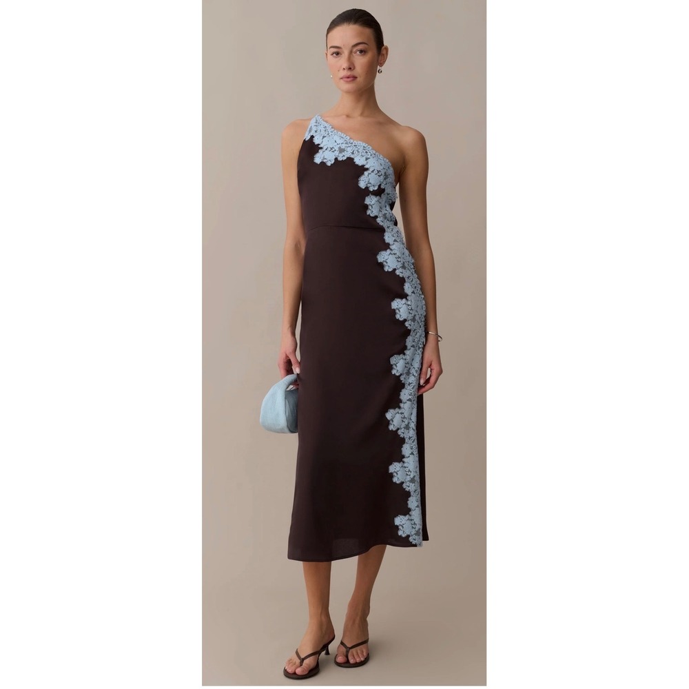 Few Moda o.p.t One Pretty Time Brown Satin Lace One Shoulder Midi Dress 8